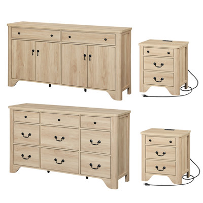 Ensemble de meubles de maison de campagne 4 pièces Haikey, commode à 9 tiroirs pour la chambre à coucher, armoire de 59 po de largeur avec 4 portes et 2 tiroirs, ensemble de table de chevet en bois de 2 avec station de charge pour la chambre à couche