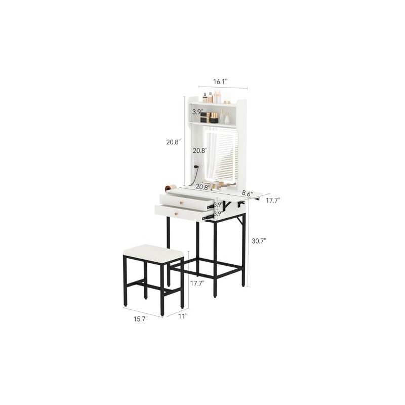 Small Makeup Vanity Desk with Mirror and Lights, Compact Vanity Table with Adjustable Tri-Color LED, 2 Drawers, Hair Dryer Holder