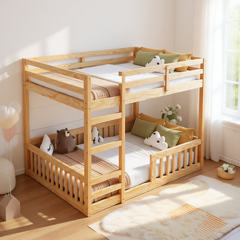 Lit superposé double au-dessus de double en bois massif avec échelle et garde-corps, cadre moderne en bois pour chambre ou chambre d'amis