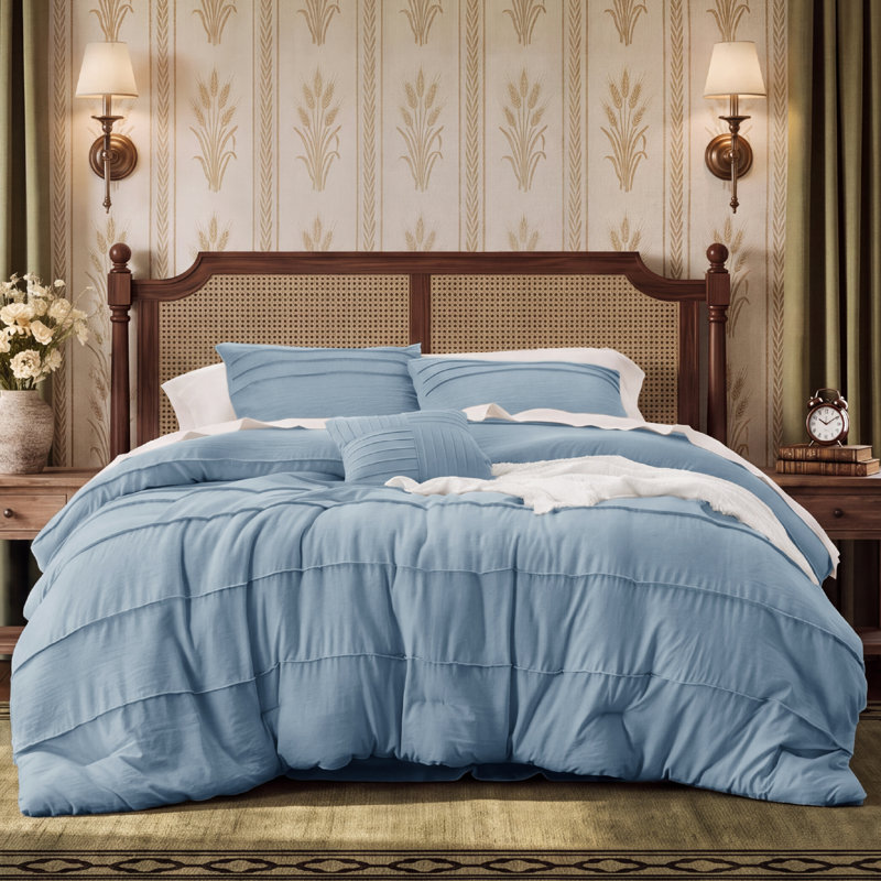 Bedsure Pinch Pleat Comforter Set Boho Bed-in-A-Bag Bedding Set with  Pillowcases for All Season, Light Blue