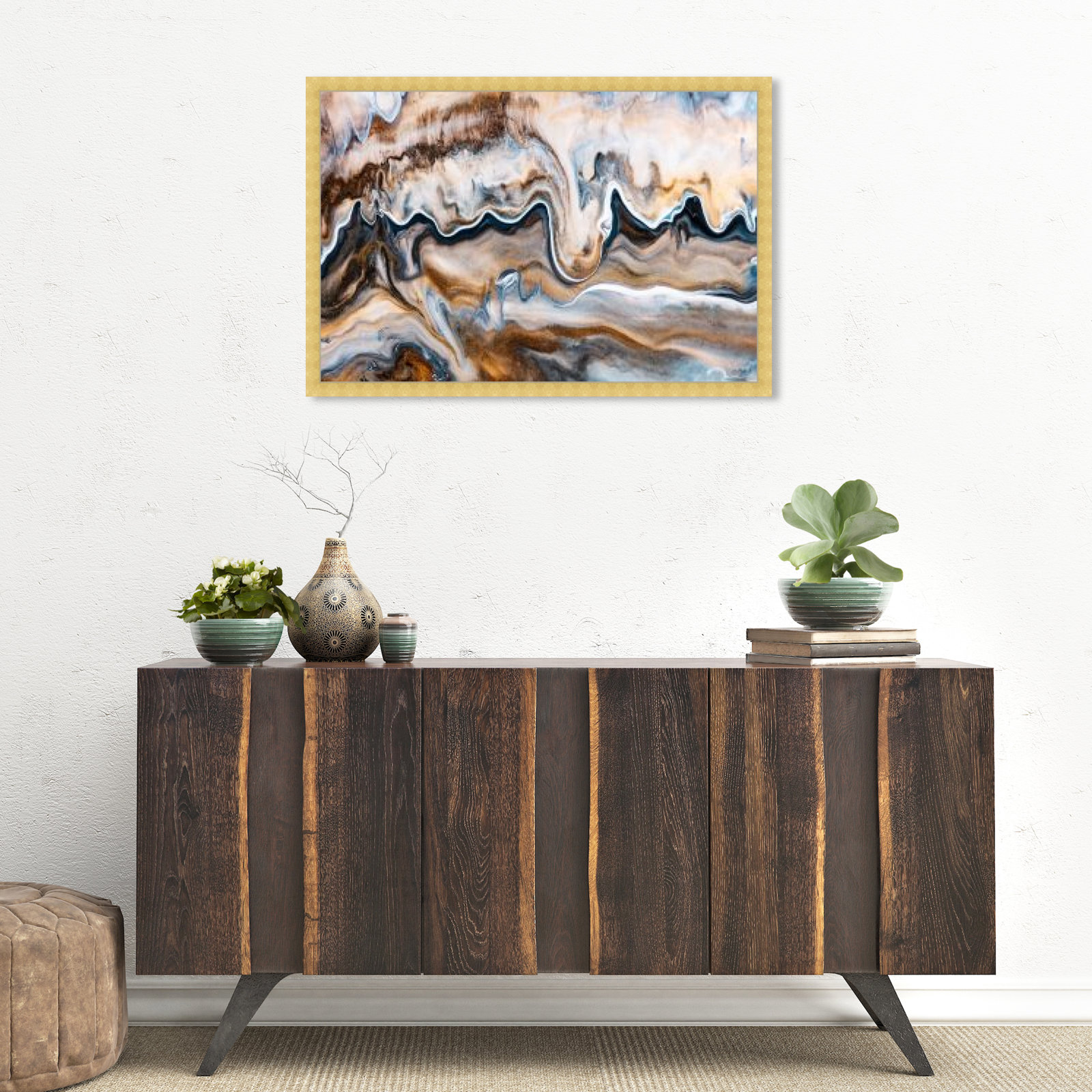 Copper and Blues Painting by Oliver Gal, 22" H x 32" W x 0.5" D, Gold
