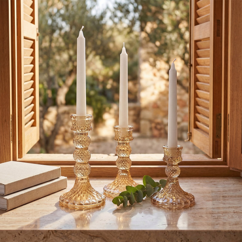 3 Pack Glass Diamond Pattern Candlestick Holders