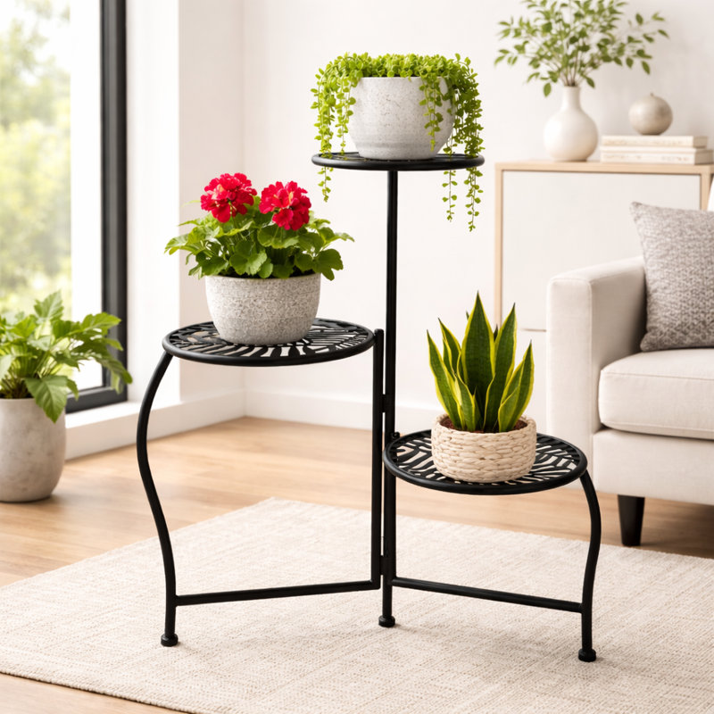 Folding 3-Tier Iron Plant Stand with Elegant Leaf Cutout Design for Indoor Living Spaces and Outdoor Garden Use – 22", Black