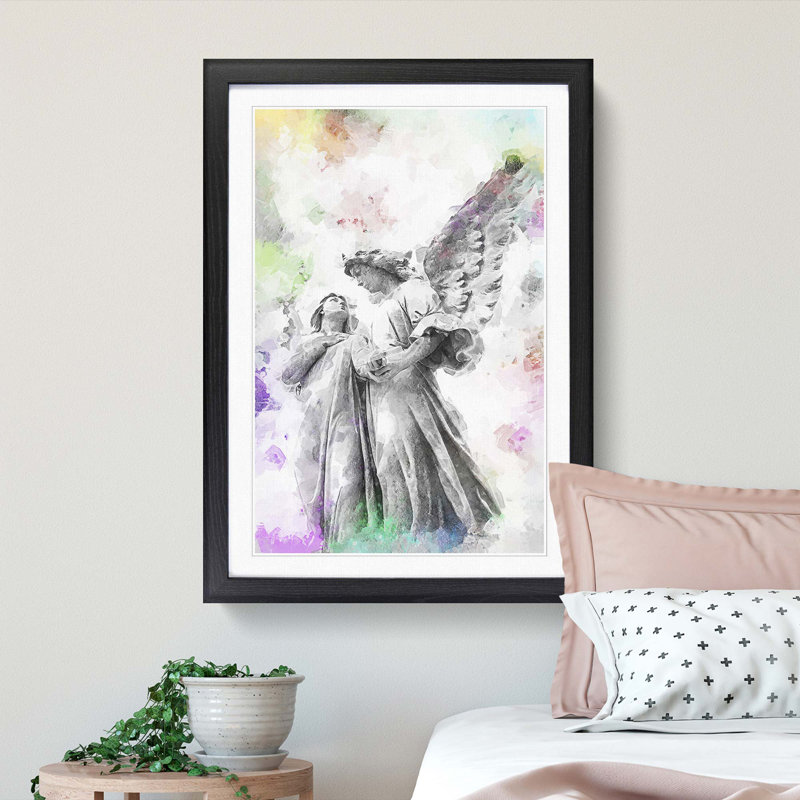 Angel Statue In Abstract - Single Picture Frame Painting, 45cm H x 33cm W x 2cm D, Black Framed