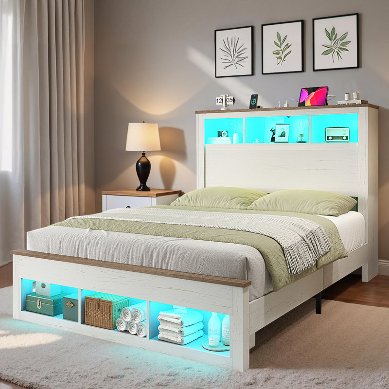 Base de lit avec tête de lit et pied de lit avec bibliothèque Sherell, lumières DEL, station de charge, Blanc, Grand