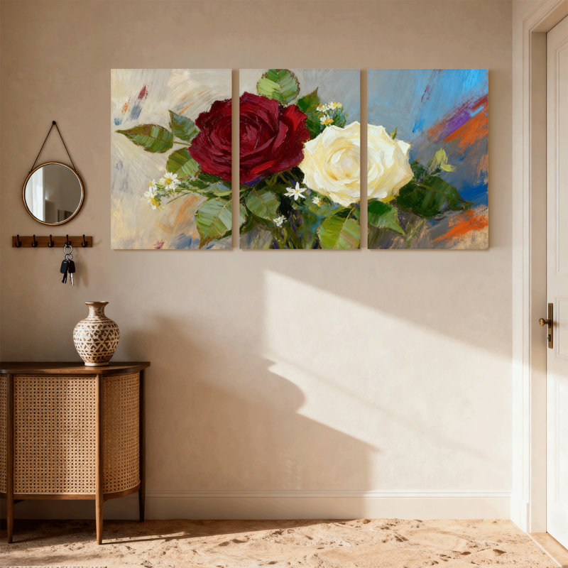 Rose, rose, rose, blanc, rose, vert, feuilles, petites fleurs, ensemble de 3 impressions sur toile, H 30 po x l 60 po