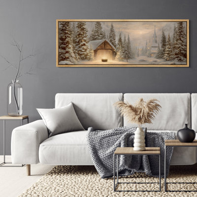 Douce crèche de Noël dorée et stable, paysage d'hiver encadré dans la chambre principale, reproduction d'art 2 pièces