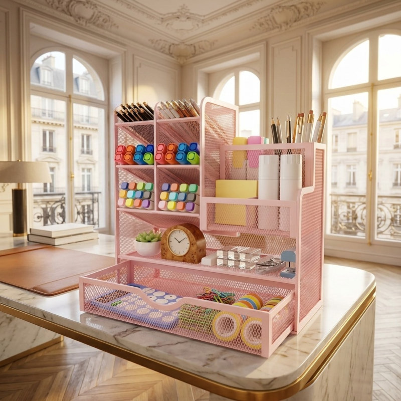 Pink Mesh Desk Organizer with Drawer: Multifunctional Storage Caddy