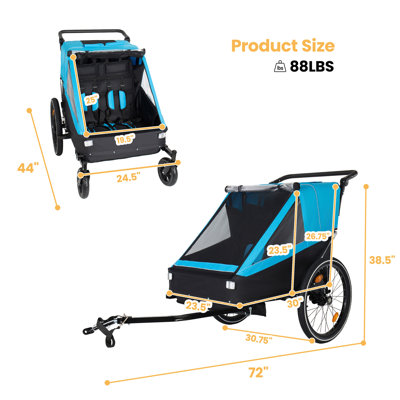 2 in 1 Kids Bike Trailer and Stroller for 1 to 2 Children, Jogging Function, Foldable Compact Storage with Universal Bike Hitch, 5-Point Harness and Storage Bags, Gray