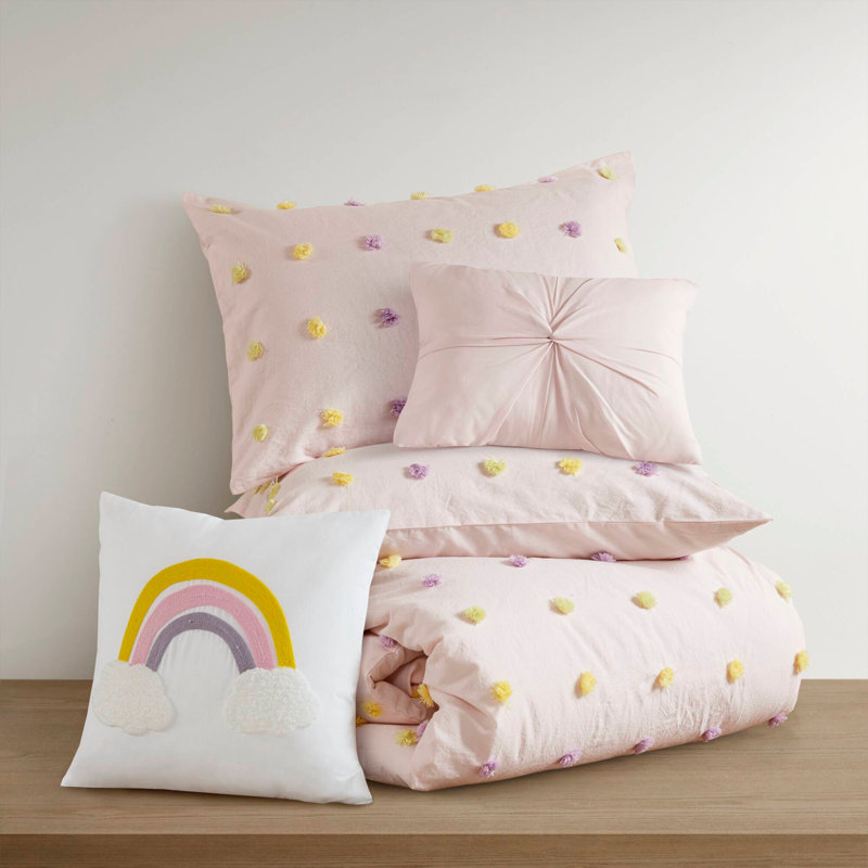 Ensemble d'édredon en coton jacquard à pompons, Édredon double / grand + 4 pièces supplémentair