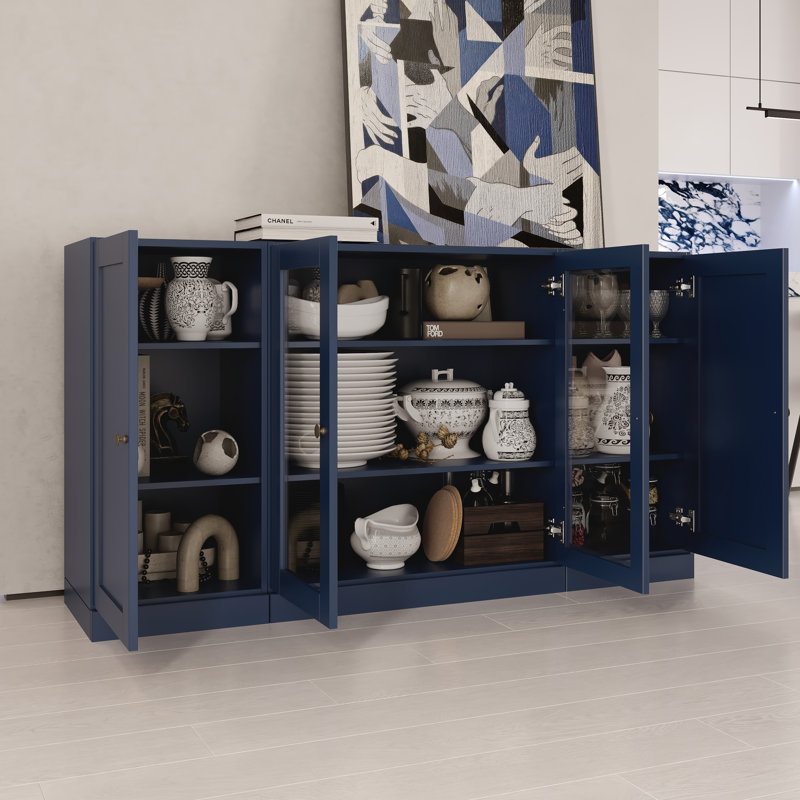 Buffet 100% bois massif 65 po avec verre transparent, portes Shaker et tablettes réglables, Navy Blue