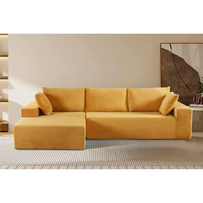 Canapé d'angle convertible en velours côtelé doux jaune gingembre, 4 places, orientation gauche, rembourrage en mousse intégrale, aucun assemblage requis pour le salon et la chambre. Canapé-lit confortable jaune.