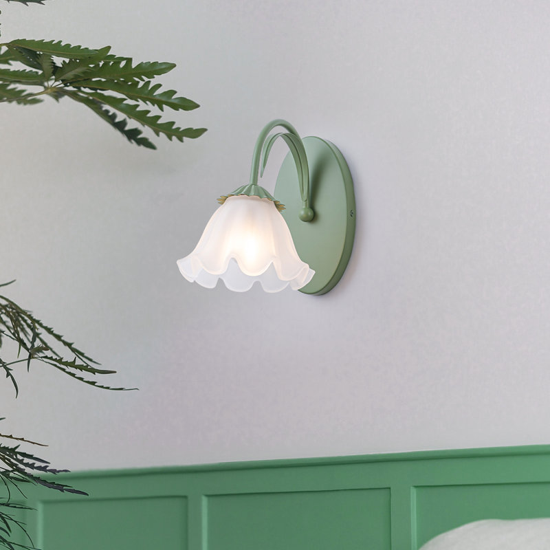 1/3-Light Green Metal Wall Sconce with Flower Frosted Glass Shade, Hand Blown Glass, E26 Base, Dimmable, Reversible Mount