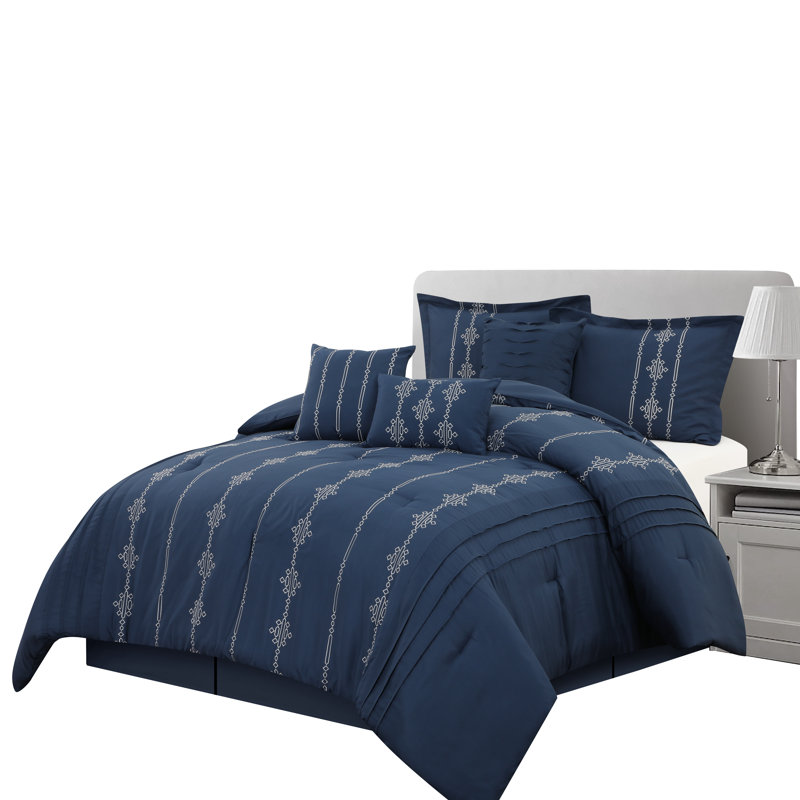  Nathalie 7 Piece Geometric Stripes Comforter Set, Cal. King Comforter+2 King Shams + 3 Throw Pillows, Navy/White