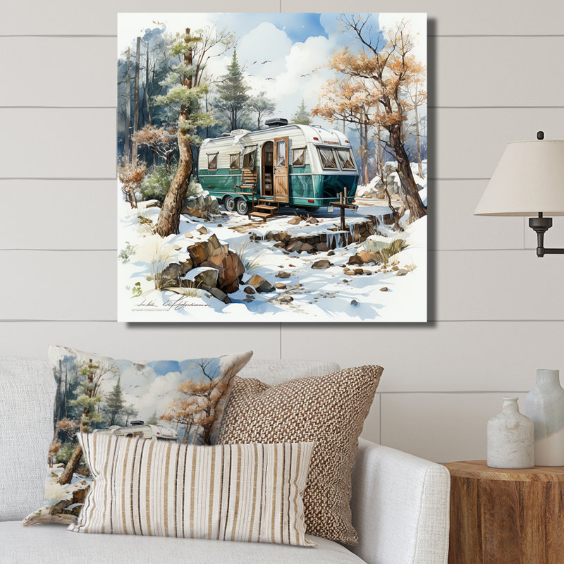 «Camping Van Charm In Winter I», reproduction sur toile, H 16 po x l 16 po, Cadre photo blanc
