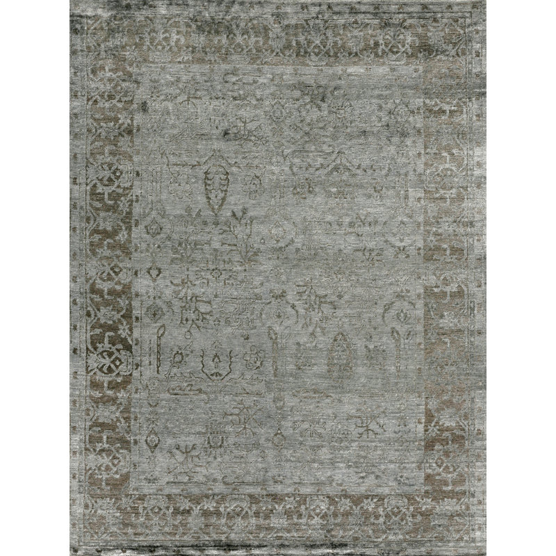 Antique'd Silk Oriental Area Rug in Green, Rectangle 8' x 10'