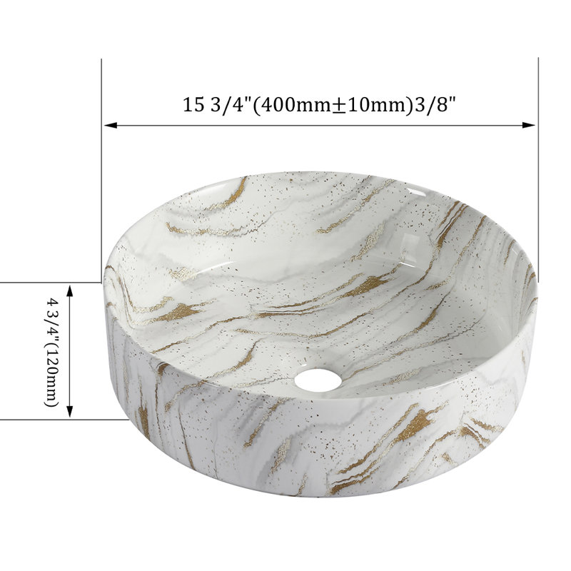 Round Counter Bathroom Ceramic Sink, White/Gold