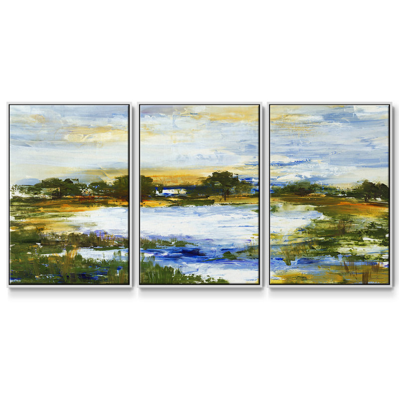Lazy River, ensemble de 3 pièces encadrées sur toile, H 36 po x l 75 po x P 2 po, Cadre blanc