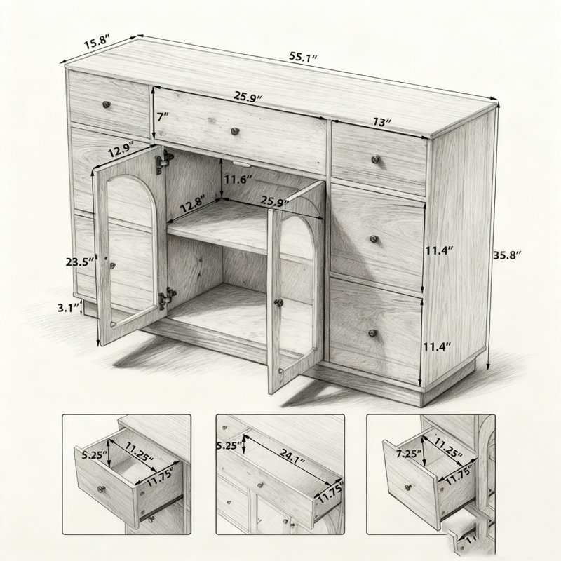 Armoire avec rangement pour l'entrée du salon et de la salle à manger, grande taille, 2 portes et 7 tiroirs, Marron foncé