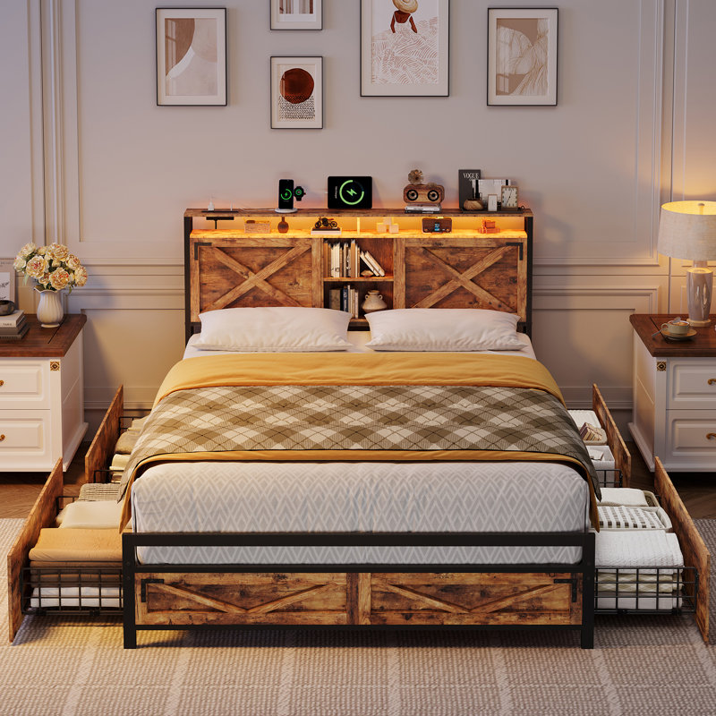 Nottaway Queen Bed Frame with Charging Station, LED Lights and Rolling Storage Drawers, Metal Frame Platform, Farmhouse Style, No Box Springs Needed