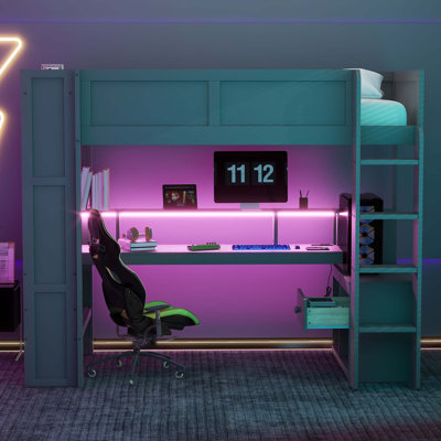 Lit mezzanine en bois avec bureau, tablettes multiples, DEL et station de charge