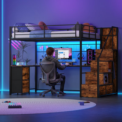 Full Size Loft Bed with L-Shaped Desk, Wardrobe Cabinet & Storage Stairs, 4 Drawers, 6 S-Shaped Hooks, Power Outlet & LED Light, Kids Loft Bed with Safety Guardrail, No Box Spring Needed