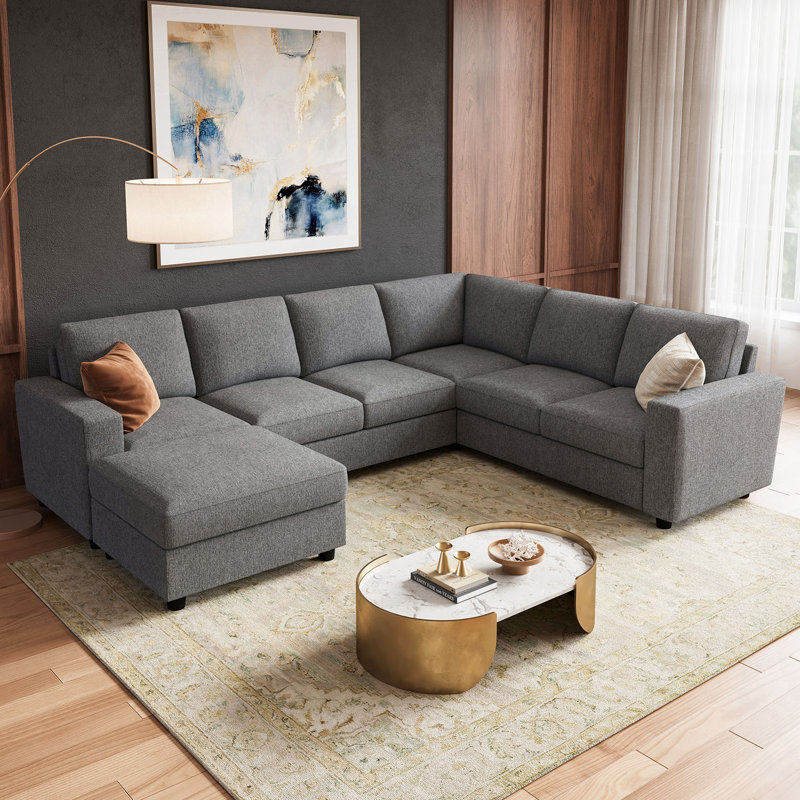 Canapé modulaire en U avec repose-pieds Abramson, H 33,9 po x l 102,4 po x P 79,9 po, Polyester gris