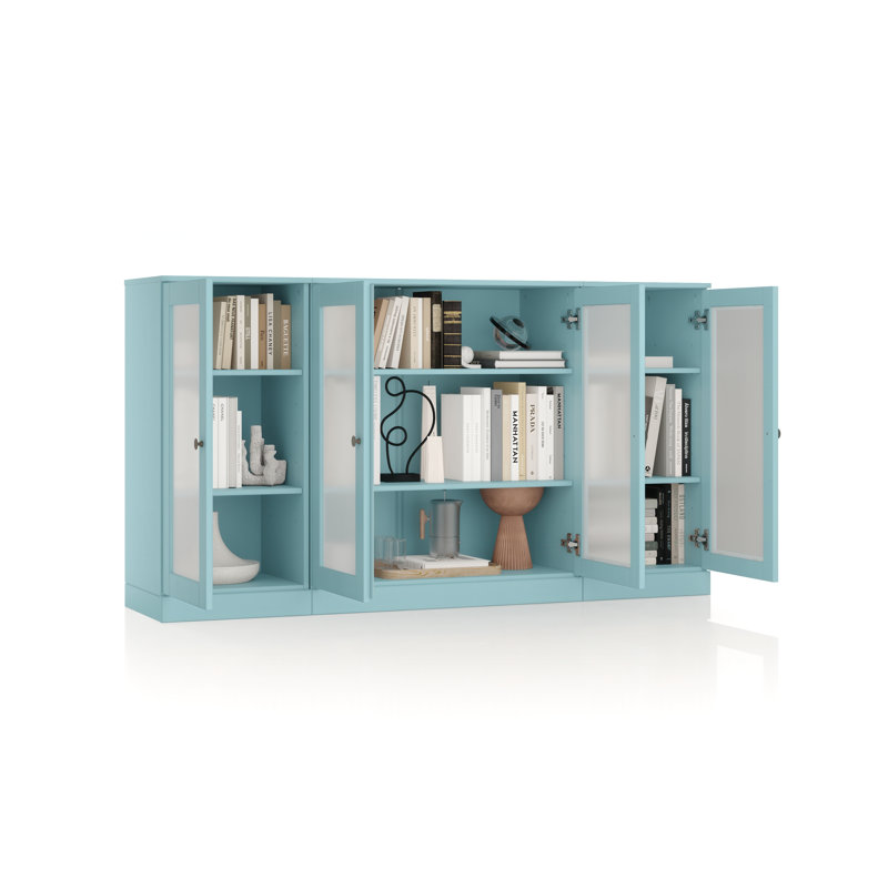 100% Solid Wood 65" Sideboard with Frosted Glass Doors and Adjustable Shelves, Aqua Blue