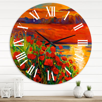 Red Poppies By The Ocean During Sunset - Nautical & Coastal wall clock