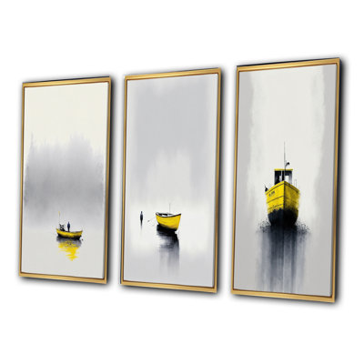 «Yellow Fog Boat On Lake», 3 pièces