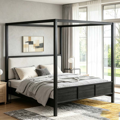 Wooden Canopy Platform Bed with Upholstered Headboard