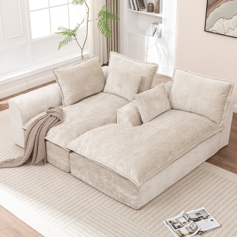 Boneless 103" Boneless Compressed Sectional Couch No Assembly Required With Pillows, Beige, Right Hand Fancing