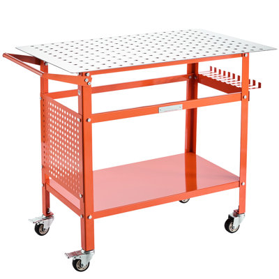Ensemble de soudage 101,6 cm x 61 cm, poids statique 363 kg, charge dynamique 272 kg, structure en acier au carbone, 216 trous de fixation de 16 mm, rangement double couche, porte-outils latéral, 11 crochets, 4 roues dont 2 avec freins, orange