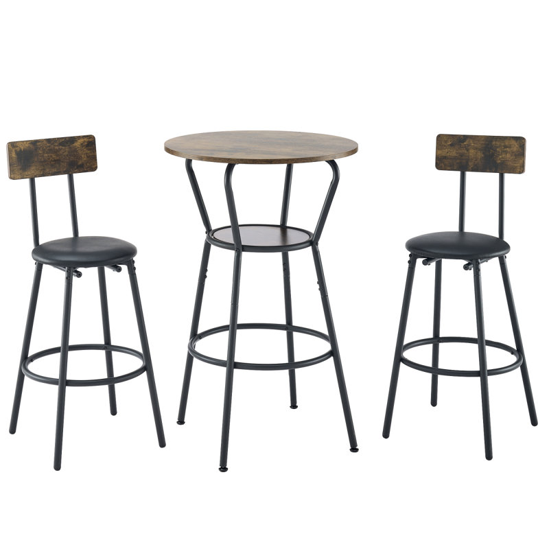 Ensemble de table de bar et de tabouret rond avec tablette, tabouret rembourré avec dossier, rustique, H x P x P x H