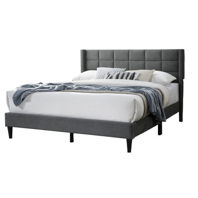 Fashionable Queen Size Bed With Gray Brushed Linen Headboard And Box Design Robust Upholstery Construction