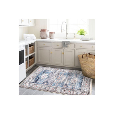 Machine Washable  Distressed Look Blue Patterned Woven Base Decorative Rug
