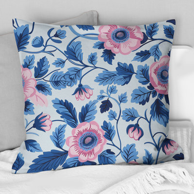 Coussin décoratif fleuri bleu et rose