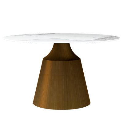 Table en marbre de 53 po avec base en acier inoxydable bronzé. 4 à 6 personnes. Plateau en pierre frittée. Pour la cuisine, la salle à manger, le bureau. Facile à nettoyer. É. Résistant aux égratignures, stable, traitement des bords