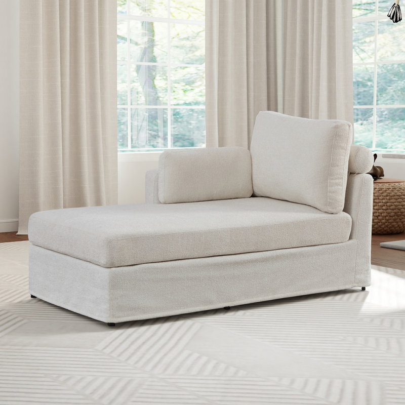 32" W Slipcovered Upholstered Chenille Chaise Lounge With Armrest &  Pillows-Left, Ivory