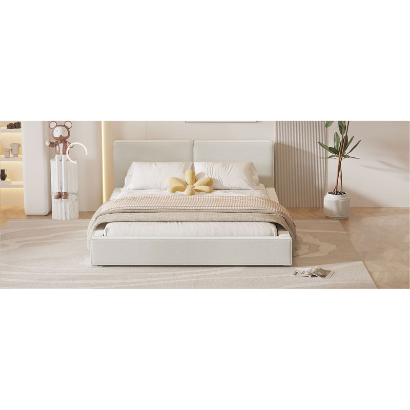 Lit plateforme tapissier avec tissu en velours, lit au sol avec structure solide, Beige