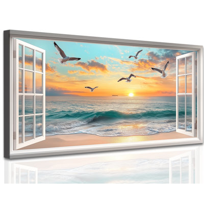  Plage, art mural fenêtre ouverte, photos côtières, impression de paysage marin moderne et serein, coucher de soleil océan et mouettes, œuvre d'art tropicale tranquille pour le bureau du salon, 12 x 24 po