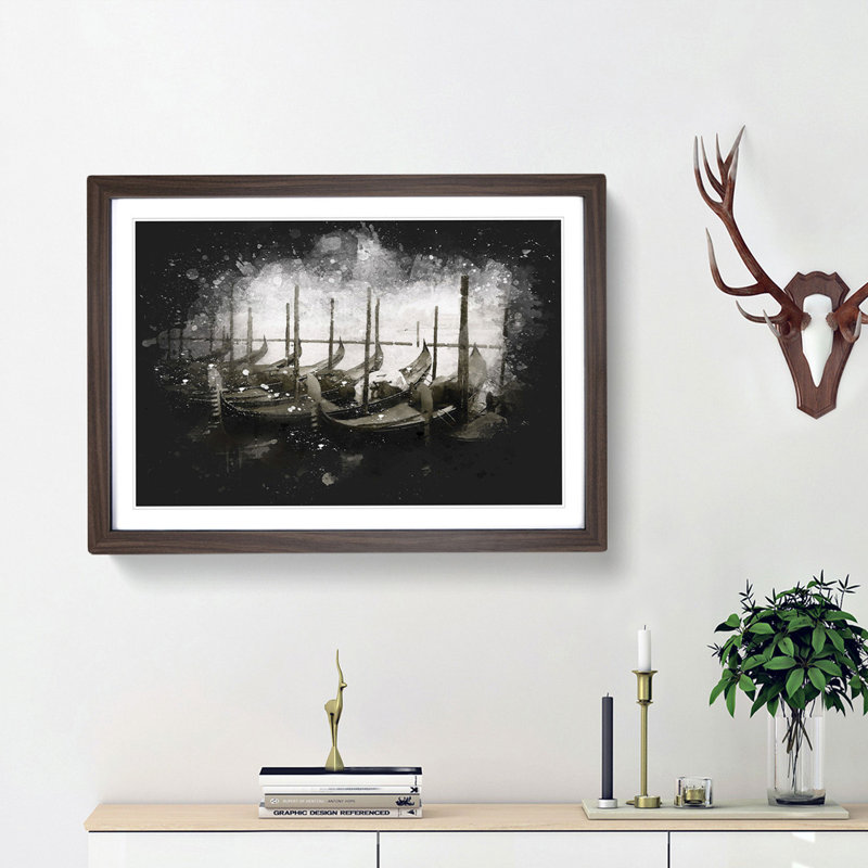 Docked Gondolas In Venice Italy Paint Splash - Framed Print, 45cm H x 63cm W x 2cm D, Walnut Framed
