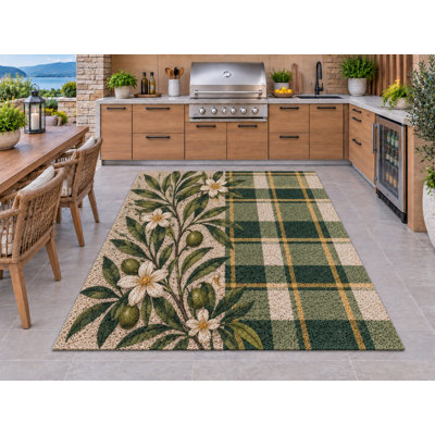 Tapis d'extérieur 5' x 7' à carreaux vert olive, blanc et fleuri, épais, imperméable, en PVC bouclé, tapis de patio robuste, tapis intérieur/extérieur à séchage rapide pour cuisine, porche, terrasse, balcon, entrée.