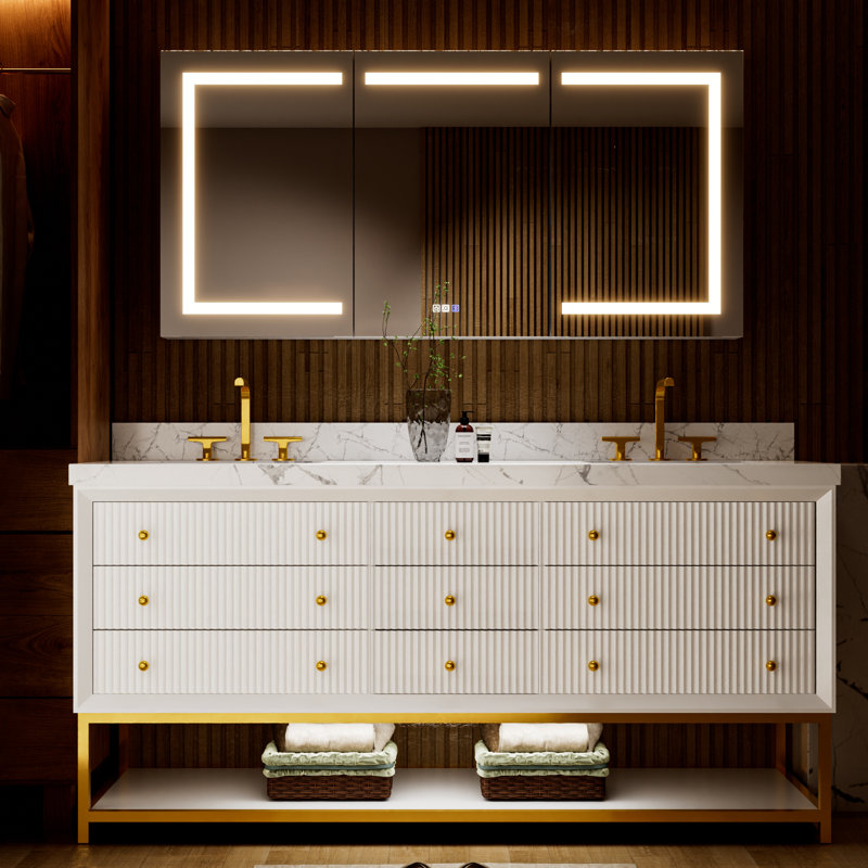 72 po X P 22 po P 35,4 po Meuble-lavabo simple H en blanc avec plateau en marbre blanc, Blanc, 72"