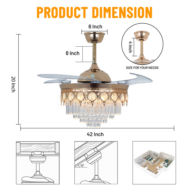 42" Retractable Crystal LED Ceiling Fan with Light & Remote, 6-Speed Reversible Fandelier for Living Room, Dining Room