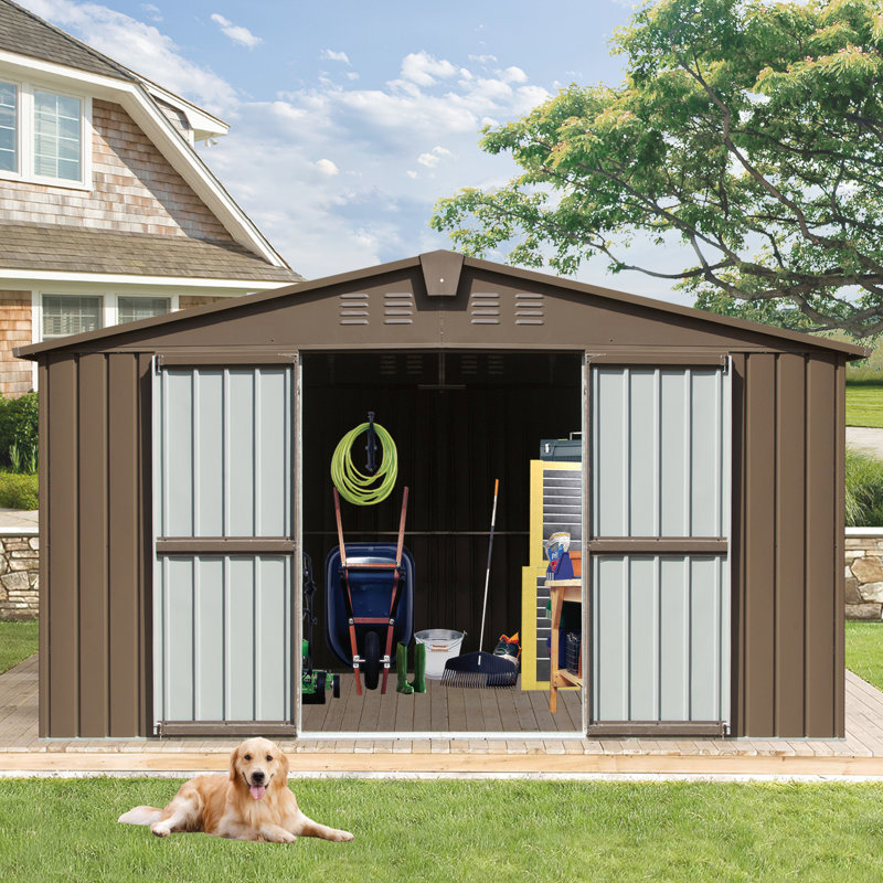 Remise de rangement pour outils de jardin 11 pi x 12,5 pi, structure en acier galvanisé, porte verrouillable et fenêtres (métal brun 12,5 pi avec porte de cadre, fenêtres, extérieur