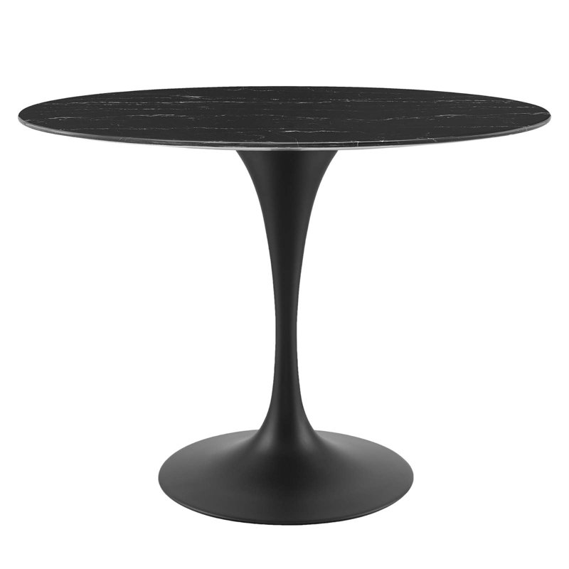 Black Oval Artificial Marble Dining Table with Metal Pedestal Base