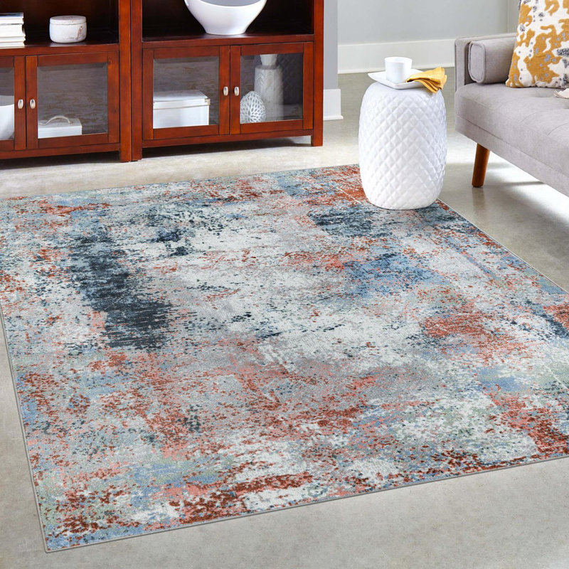 Tapis en polyester tissé à la machine abstrait bleu / blanc / rouge Hankinson, Rectangle 2 pi x 3 pi 1 po