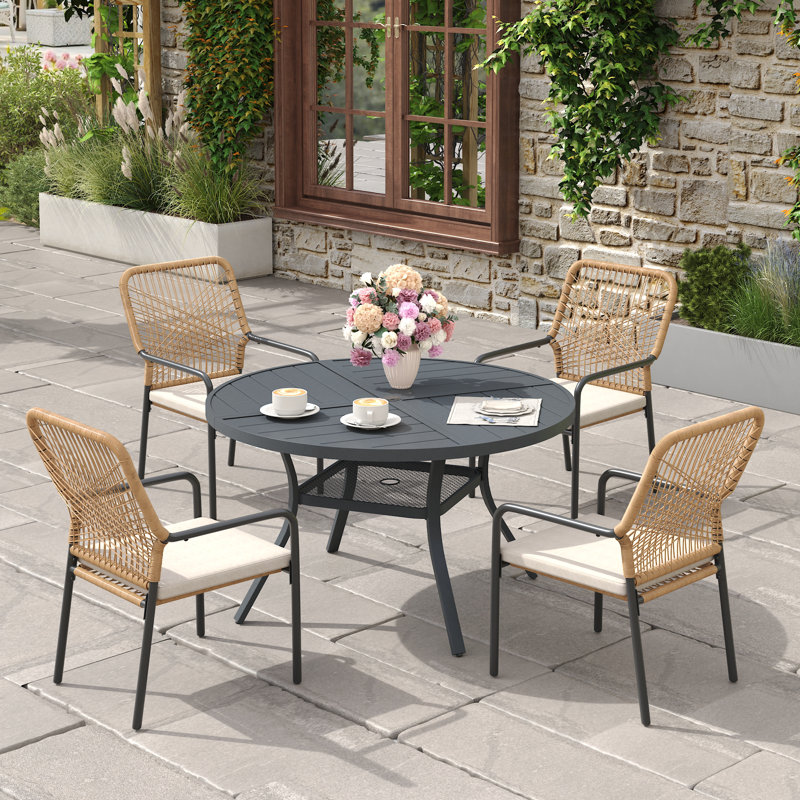 4-Person Outdoor Patio Dining Set With Stackable Rattan Chairs, Gray