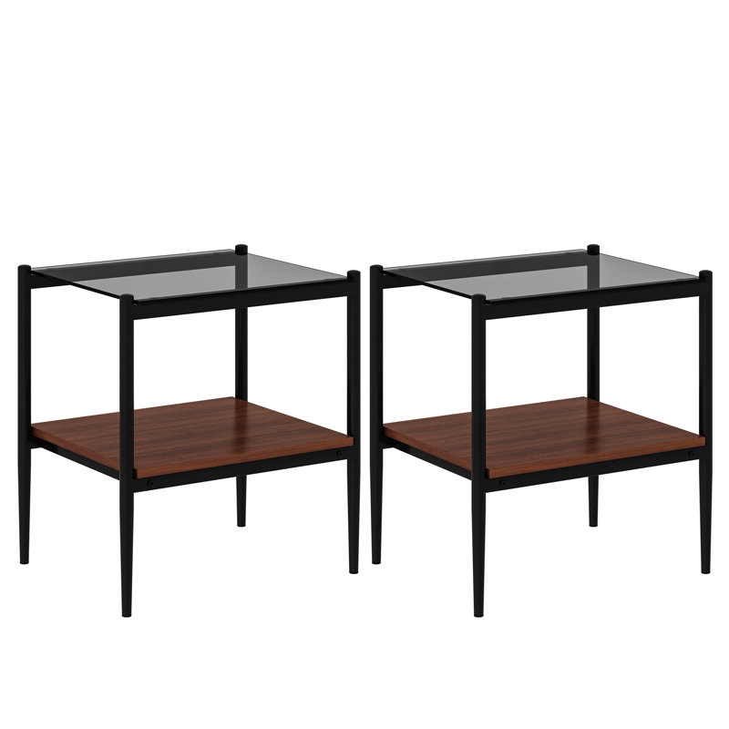 Ensemble de 2 tables de bout rectangulaires, plateau en verre trempé avec panneau de fibres à densité moyenne, table moderne pour le salon, verre gris